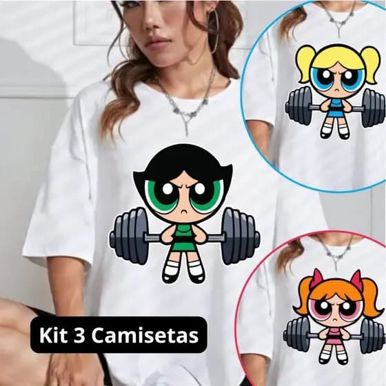 Kit 3 Camiseta Roupa de Academia Feminina Tshirt Super Poderosas Blusa Camisa 100% Algodão