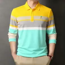 Camisa Polo Masculina De Manga Comprida : Listrada Colorida E Estampa Monograma – Tecido Macio Para Uso Casual Diário El