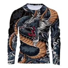 Camiseta Masculina De Manga Comprida Com Estampa 3D De Dragão Chinês E Criatura Mítica