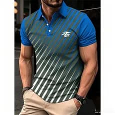 Camisa Polo Masculina Com Design Gráfico Listrado Em Estampa Azul Real E Verde Para Lazer Moda Fitness Verão 2026