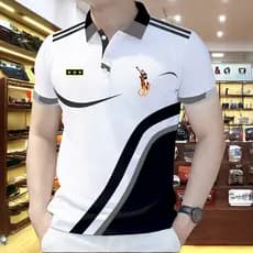 Camisa polo Listrada Masculina , Roupas Casuais De Manga Curta Da Moda , Camiseta Estampada Geométrica Solta Estilo Core