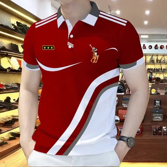 Camisa polo Listrada Masculina , Roupas Casuais De Manga Curta Da Moda , Camiseta Estampada Geométrica Solta Estilo Core