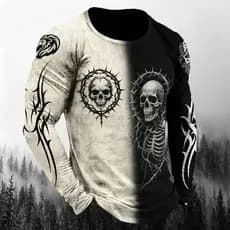 Camiseta Masculina De Manga Comprida Com Estampa 3D De Caveira E Espinhos , Gráfica Gótica Escura , Top Punk Streetwear