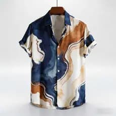Camisa Masculina Listrada Geométrica De Manga Curta , Blusa Casual Com Botões Para Uso Diário 16