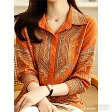 Camisa Feminina De Manga Comprida Com Botões , Blusa Vintage Laranja Estampa Étnica , Top Casual Respirável E Solto