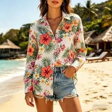 Camisa Feminina De Manga Comprida Com Botões , Blusa Vintage Estampa Floral Havaiana , Roupa De Praia Respirável Ajuste