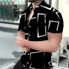 Camisa De Moda Masculina Moderna Estampa Geométrica Casual Top Streetwear Respirável Confortável Manga Curta