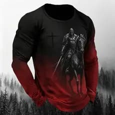 Camiseta Masculina De Manga Comprida Com Estampa De Cavaleiro Medieval , Gráfica De Fantasia Escura , Streetwear Gótico
