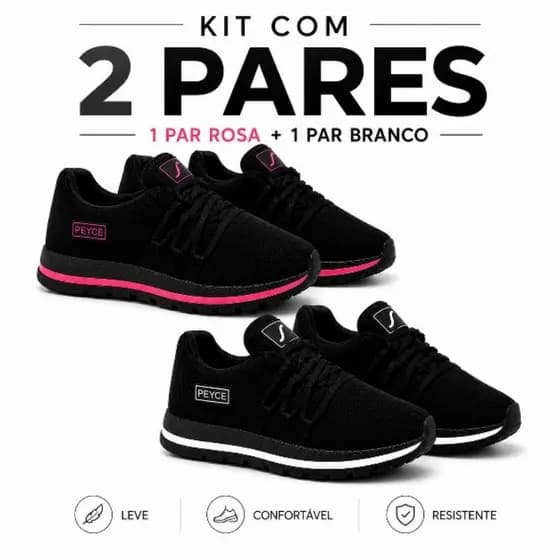 Kit 2 Pares Tênis Feminino Casual Leve e Confortável para Academia Caminhada e Dia a Dia