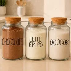 Kit Cantinho do Café – 3 Potes de Vidro 810ml com Tampa de Rolha | Açúcar, Leite em Pó e Chocolate