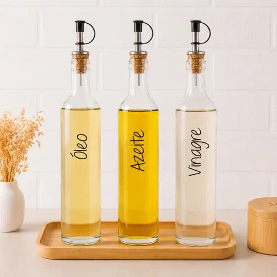 Kit 3 Galheteiros de Vidro 500ml | Bico Dosador Cortiça | Vinagre | Azeite | Óleo