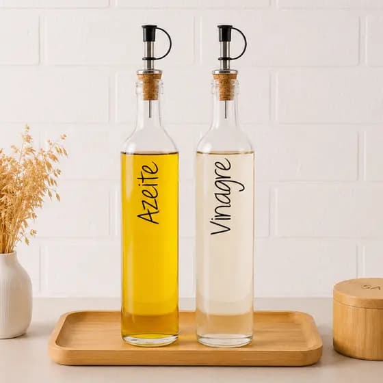 Kit 2 Galheteiros de Vidro 500ml | Bico Dosador Cortiça | Vinagre | Azeite | Óleo