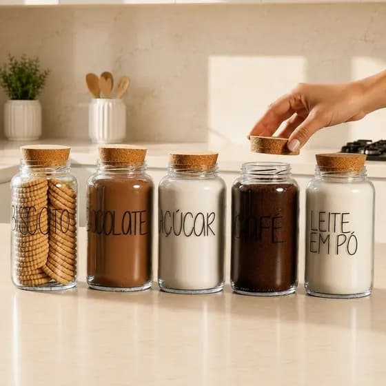 Kit Cantinho do Café - ESCOLHA SEU KIT - Potes de Vidro 810 ml com Tampa de Cortiça + Adesivos ou Sem