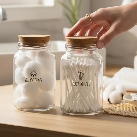 Kit 2 Potes de Vidro 600ml Porta Algodão e Cotonete com Tampa de Cortiça | Organizador para Banheiro e Lavabo