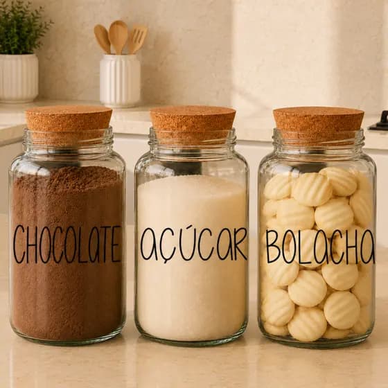 Kit Cantinho do Café - Chocolate, Açúcar e Bolacha | 3 potes de Vidro 810ml  Tampa Rolha + Adesivos