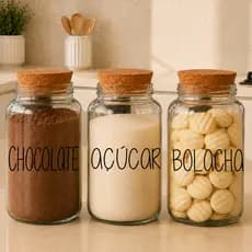 Kit Cantinho do Café - Chocolate, Açúcar e Bolacha | 3 potes de Vidro 810ml  Tampa Rolha + Adesivos