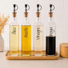 Galheteiro de Vidro 500ml 4 peças com Bico Dosador Cortiça | Azeite / Vinagre / Óleo / Shoyu / Kit