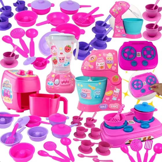 Kit Cozinha Infantil Completa Com Air Fryer Batedeira Liquidificador E Panelinhas Rosa
