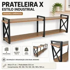 Prateleira Industrial X Madeira Amêndoa Suporte Preto 2 Nichos Multiuso 90 a 150cm
