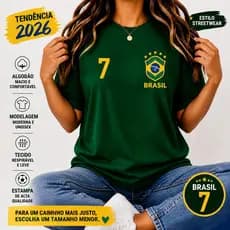 Camiseta Brasil 7 Feminina Estilosa Moda 2026 Stretwear Futebol Tendencia Copa 100% Algodao