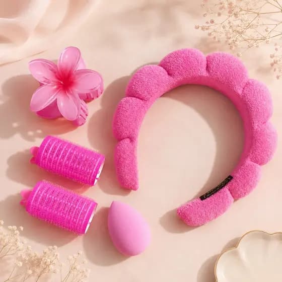 Kit Acessórios de Skincare Spa Feminino - Tiara Nuvem, 2 bobs de cabelo, presilha flor e esponja