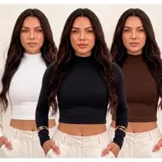 Kit 3 Cropped feminino Blusa golinha alta suplex manga longa