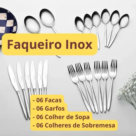 Faqueiro Inox 24 Peças Jogo Completo de Talheres Alta Durabilidade Design Moderno Garfos Facas Colheres Sopa e Sobremesa