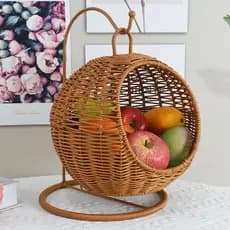 Cesto de Armazenamento Redondo Suspenso, Tecido à Mão, Imitação de Rattan, para Sala de Estar, Frutas, Lanches, Piqueniq