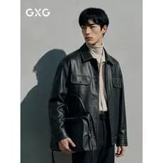 [Couro] GXG Topstitch Masculino Design Casual Commuter Berinjela Lapela Couro Genuíno Jaqueta Commuter Primavera Venda Q