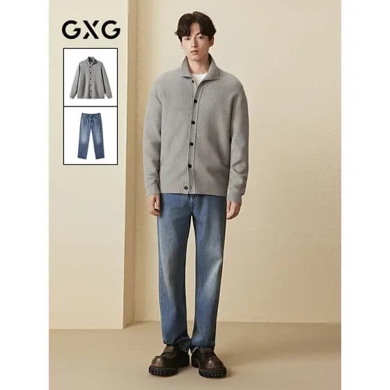 GXG Roupas Masculinas 25 Outono Simples Gola Alta Moletom Lavado Stretch Jeans Reto Terno Commuter