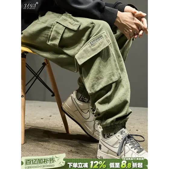 Macacão masculino outono inverno engrossado americano Street Wear solto rufião bonito Multi-bolso verde do exército Legg