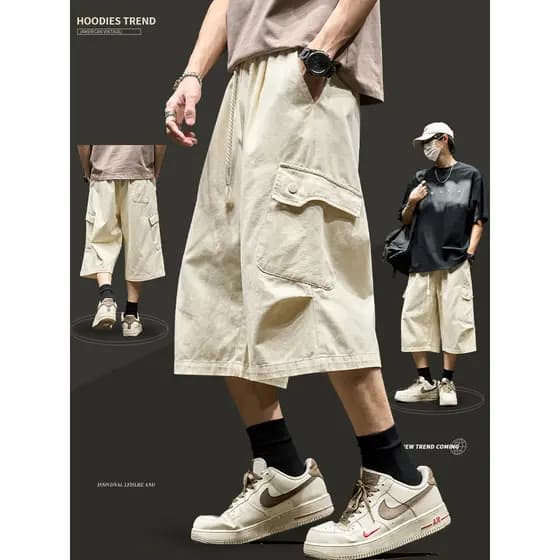 Calças cortadas masculinas 2025 novo estilo puro algodão Casual macacão Shorts estilo americano em linha reta plissado r