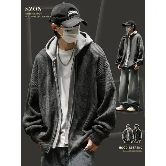 Cardigan camisola masculina primavera outono engrossado falso de duas peças com capuz zíper jaqueta rua Wear adolescente