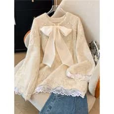 Preguiçoso frisado arco renda costura camisola outono inverno novo estilo Plus Size camisola feminina malha grossa