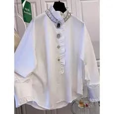 2025 novo estilo outono branco gola alta cravejado de diamantes camisa de manga comprida tamanho grande gordura mm gigan