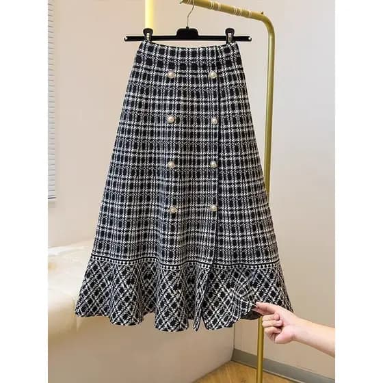Retro xadrez saia de malha feminina Plus Size roupas femininas 2026 outono inverno novo estilo saia babados A linha saia