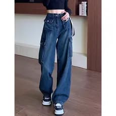 Americano High Street Multi-bolso Jeans roupas femininas 2026 novo estilo outono Plus Size gordura mm solto macacão calç