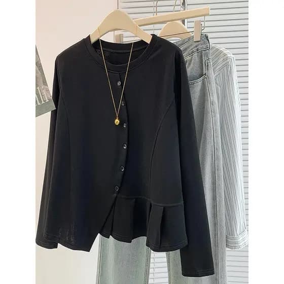 Camiseta Irregular de manga comprida com babados 2026 outono novo estilo Plus Size roupas femininas gordura mm único mai