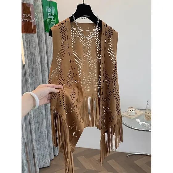 Tamanho grande ligeiramente gordo estilo étnico colete blusa feminina verão oco borla boêmio pradaria sem mangas topo