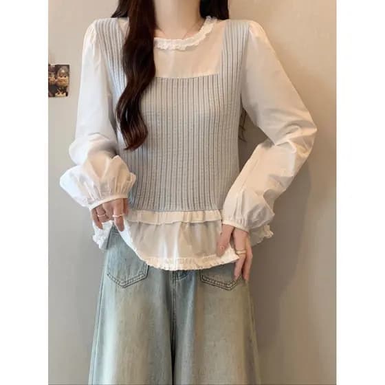 2025 outono novo estilo elegante fungo borda falsa camisa de manga comprida de duas peças Plus Size roupas femininas gor