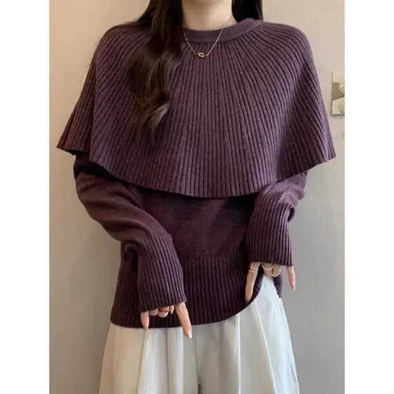 High-End único xale falso de duas peças roxo camisola outono inverno 2026 novo estilo Plus Size roupas femininas gordura