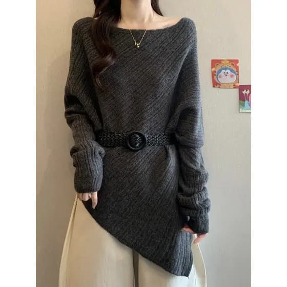 Único fora do ombro camisola feminina início do outono 2026 novo estilo Plus Size gordura mm capa Irregular barriga mang
