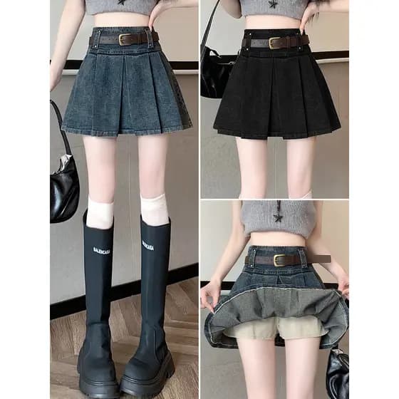 Saia jeans meio comprimento saia feminina verão 2025 novo estilo saia plissada saia curta A linha saia de cintura alta m