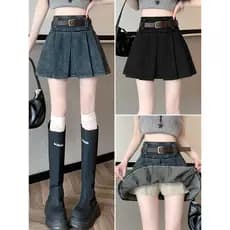 Saia jeans meio comprimento saia feminina verão 2025 novo estilo saia plissada saia curta A linha saia de cintura alta m