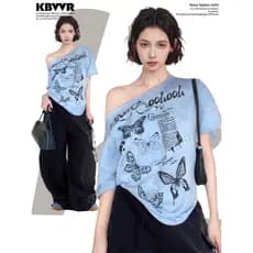 Azul inclinado ombro sem alças camiseta de manga curta feminina verão americano Retro Design solto borboleta quente meni
