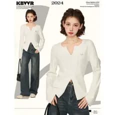Branco com decote em v Split malhas de manga comprida feminino outono inverno fino-ajuste camisa de fundo camisola topo