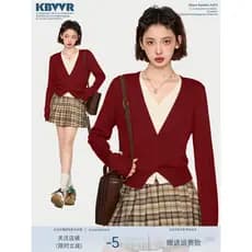 Vermelho com decote em v falso de duas peças de manga comprida malha Cardigan jaqueta feminina outono camada interna cam