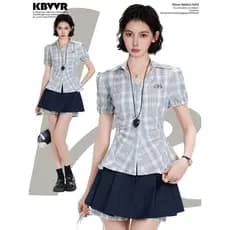 Camisa xadrez azul de cintura estreita de manga curta feminina verão verão estilo Preppy filigrana-cintura manga curta b
