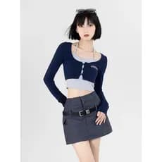 Americano falso de duas peças Halterneck manga comprida camiseta feminina outono jazz dança Wear quente menina curta dan