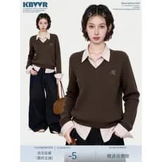 Cor de café falso pulôver de duas peças camisola feminina outono inverno Melade estilo Preppy jogo interno gola polo mal